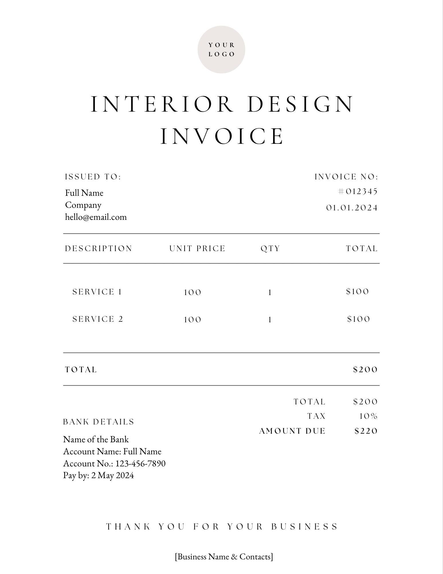 Interior Design Invoice Template: Editable E-design Contract (canva) - Etsy