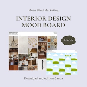 May include: A light purple mood board with the text "INTERIOR DESIGN MOOD BOARD". The board includes images of kitchen design elements, such as a chandelier, cabinets, and tiles. The text "Download and edit on Canva" is also present.
