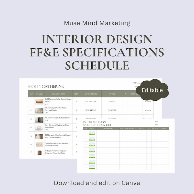 Interior Design FF&E Schedule Template - Editable Canva (digital ...