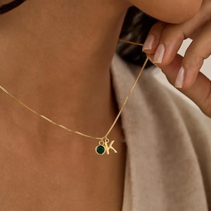 Collar personalizado con piedra natal de la familia, collar con nombre para el día de la madre, joyería con letras iniciales. Regalo minimalista para ella.