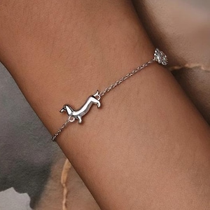 Dachshund Dog Charm Bracelet, Adjustable Pet Lover&#39;s Jewelry Gift, Funny Girl Sterling Silver Gift.