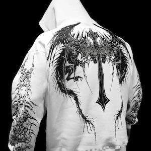 White Gothic Graphic Hoodie | Streetwear Cross Print Pullover