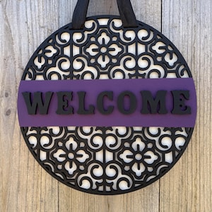 Wrought Iron Purple with Black Front Door Welcome Sign, Front Door Hanger, Entry way decor, Housewarming Gift, 3D Multi Layered artwork