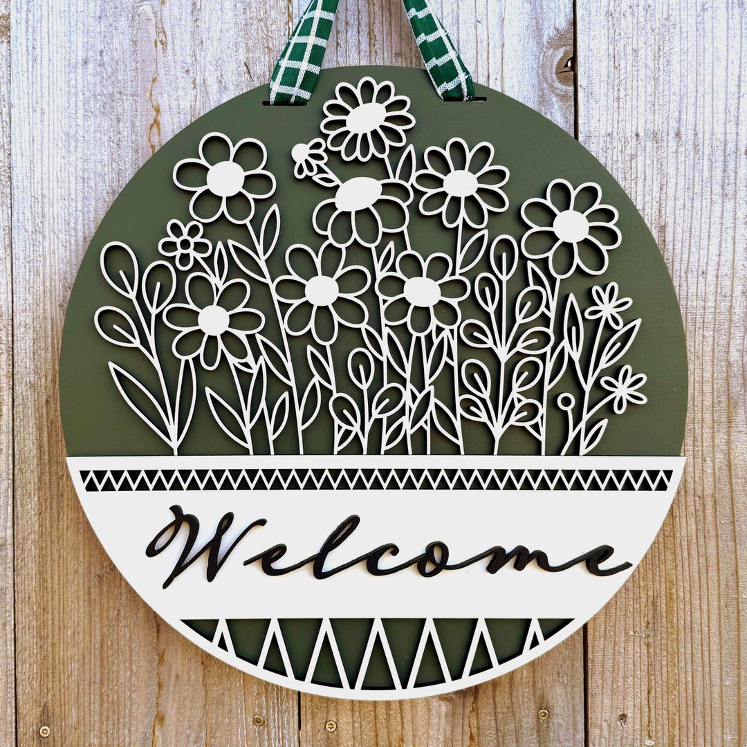 Flowers on Green Front Door Welcome Sign, Front Door Hanger, Entry Way ...