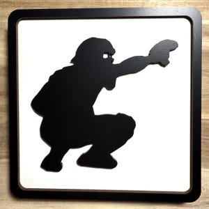 Baseball Catcher Sports Figure, Black on White, Handcrafted Wooden Shelf Sign, Sports Wall Art, Adventure Seekers, Sports Teams Art