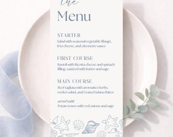 Modello di menu per matrimonio 4x8 Canva modificabile / Menu costiero blu spiaggia, Menu nautico con conchiglie stampabile