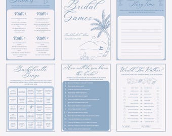 Pacchetto di giochi per feste di addio al nubilato in spiaggia / Giochi per feste di addio al nubilato in spiaggia, stampabili e modificabili su Canva