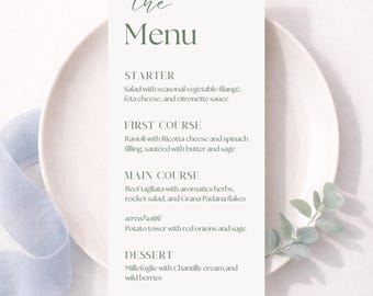 Modello di menu con calligrafia Olive: elegante cena di nozze (download digitale)