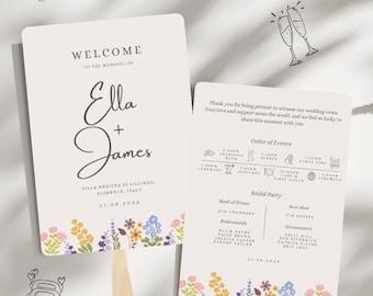 Modello di ventaglio per programma di matrimonio floreale elegante, fai da te, modificabile su Canva (download digitale)