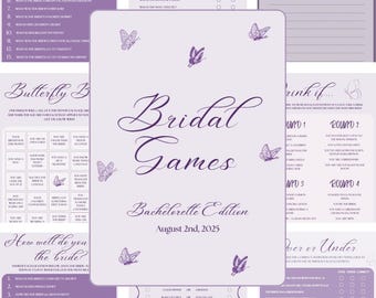 Giochi per feste di addio al nubilato con farfalle viola / Pacchetto di giochi per feste di addio al nubilato modificabili su Canva