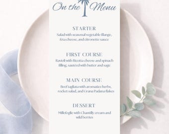 Modello di menu per matrimonio 4x8 Canva modificabile / Menu con palme sulla spiaggia, menu nautico blu costiero stampabile