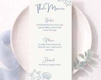 Modello di menu per addio al nubilato con conchiglie costiere, menu da spiaggia modificabile, menu Canva blu e bianco, download immediato