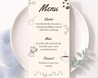 Menù Espresso: decorazioni per cene color cacao e beige (download digitale personalizzabile)