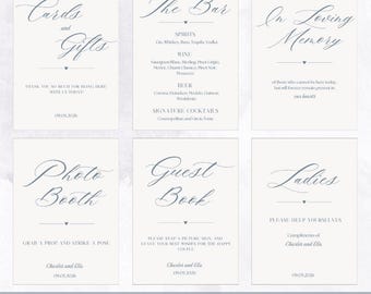 Modello di cartello per matrimonio blu polvere: decorazione minimalista per ricevimento (download digitale)