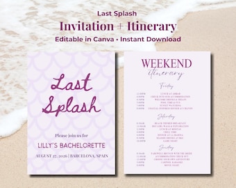 Last Splash Bachelorette Invitation Template, Beach Itinerary, Editable Canva Invite, Mermaid Bach