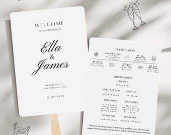 Modello di ventaglio per programma di nozze elegante: cronologia della storia d'amore (download digitale, formato bifold 297 x 210 mm)