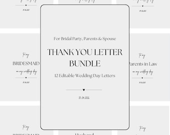 Pacchetto di biglietti di ringraziamento per il matrimonio per gli sposi / Lettere modificabili per il giorno delle nozze per damigelle e genitori / Modello Canva