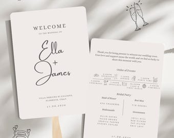 Programma per ventagli rustici per matrimonio, cerimonia nuziale, colori neutri, modificabile su Canva, download immediato