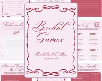 Giochi per addio al nubilato con fiocco rosa / Pacchetto di giochi per addio al nubilato modificabili su Canva