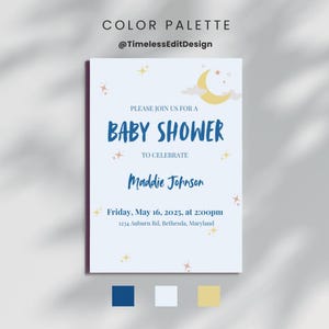 Convite para chá de bebê com lua e estrelas | Modelo de convite para chá de bebê azul | Editável e imprimível | Faça você mesmo com download instantâneo