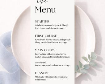 Modello di menù per matrimonio 4x8 Canva modificabile / Menù minimalista in bianco e nero, elegante menù per matrimonio stampabile