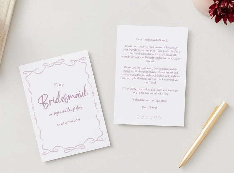 Bridesmaid Thank You Card: Pink Wedding Party Gift (digital Download ...