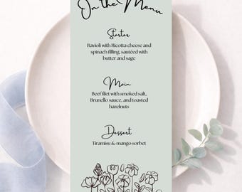 Minimalist Spring Dinner Party Menu & Thank You Note | Sage Green Floral Table Menu | Editable Canva Template