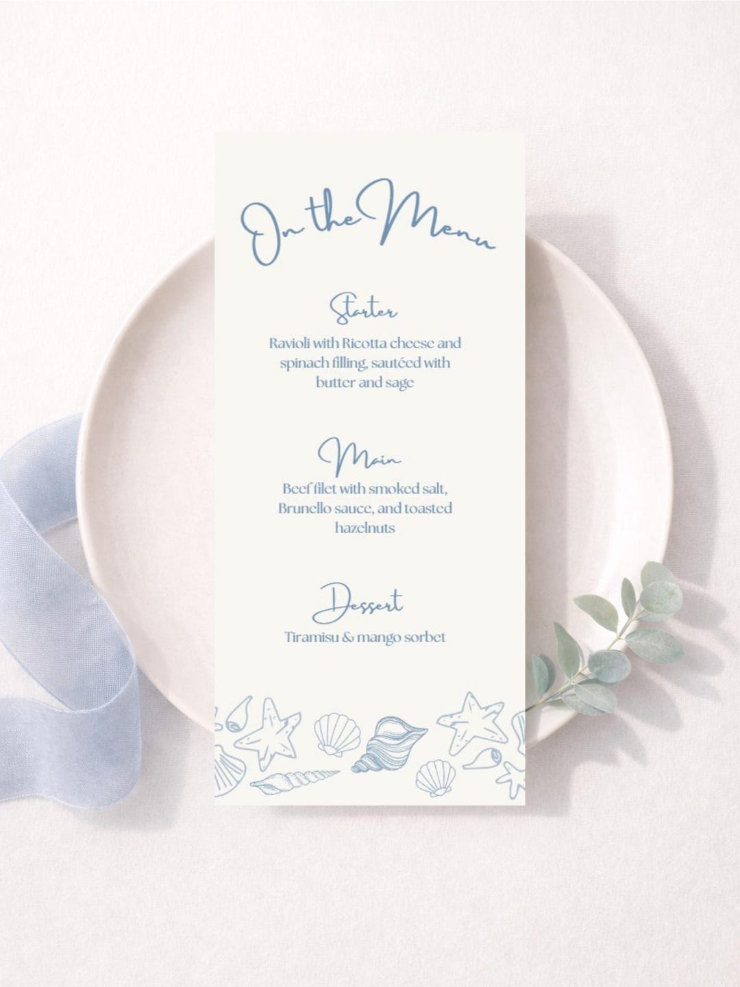 Wedding Menu Template, Coastal Sea Shells Blue and White, Editable ...