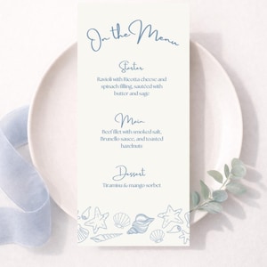 Wedding Menu Template, Coastal Sea Shells Blue and White, Editable Canva Dinner Menu, Tall Slim 4x8 Reception Menu