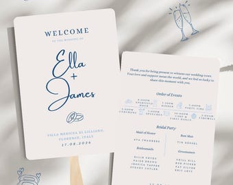 Modello di ventaglio per programma di nozze Something Blue, elegante cronologia della cerimonia (download immediato)