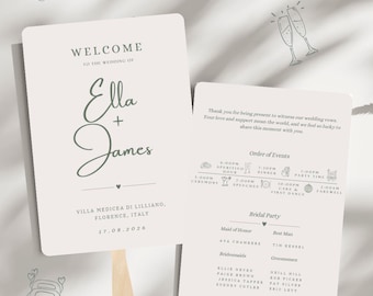 Modello di ventaglio per programma di matrimonio verde oliva: elegante cronologia della cerimonia (download digitale, modifica Canva)