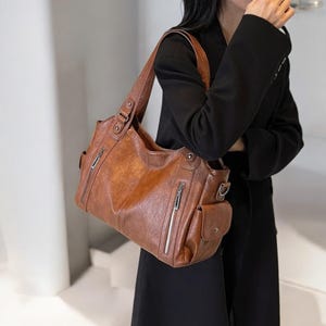 Kontrastfarbe Umhängetasche für Frauen, weiche PU-Leder-Handtasche mit Reißverschluss, stilvolle Fächer Geldbörse, Geschenk für sie 2025 Mode
