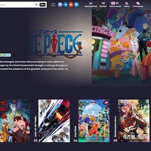 May include: A website homepage for h:anime, featuring the anime series "One Piece." The page has a dark blue background with a large image of characters from the show. Trending anime titles are displayed below.
