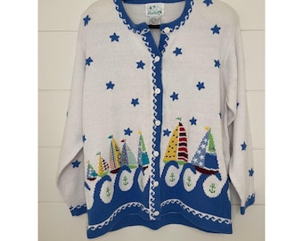 Cárdigan Quacker Factory Nautical Sailboat Star blanco y azul para mujer, talla M