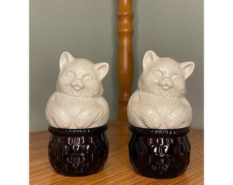 ヴィンテージ エイボン キトゥンズ ハイドアウェイ ブラウン ガラス バスケット スクリューキャップ ジャー 2個セット 空