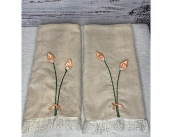 Fieldcrest Vintage Handtücher Bestickte Satin Pfirsich Tulpen 2er Set