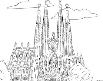 Spain Churches Coloring Page – Sagrada Familia, Barcelona | Gaudí Landmark with Bilingual Story for Kids