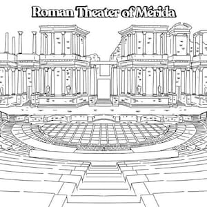 Può includere: Un disegno in bianco e nero a linea del Teatro Romano di Mérida, un grande anfiteatro antico con un palcoscenico e posti a sedere per gli spettatori.