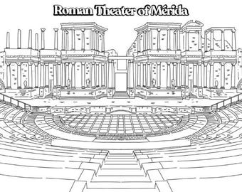 Spain Landmark Coloring – Roman Theater of Mérida | Printable Cultural Activity for Kids with Bilingual Mini Story