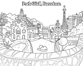 Spain Coloring Page – Park Güell, Barcelona | Gaudí-Inspired Printable with Spanish-English Story