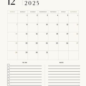 Calendario imprimible 2025 / Planificador de descarga digital / Plantilla de planificador mensual minimalista en formato PDF / Descarga instantánea