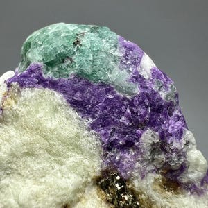 Puede incluir: Primer plano de un espécimen mineral con una vibrante mezcla de colores. La sección superior muestra un área redondeada y texturizada de color verde, que transiciona a una banda de púrpura intenso. La base es de color blanco crema con toques dorados.