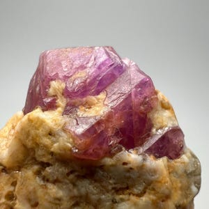 May include: Close-up of a raw, uncut gemstone. The gem is a vibrant pinkish-purple color, with a crystalline structure. It sits atop a matrix of beige and white rock, creating a striking contrast.