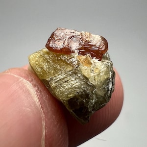 May include: A raw, natural mineral specimen featuring a reddish-brown crystal formation atop a greenish-yellow base. The crystal has a textured, geometric appearance, and the base has a rough, layered structure. The specimen is held in a person's hand.