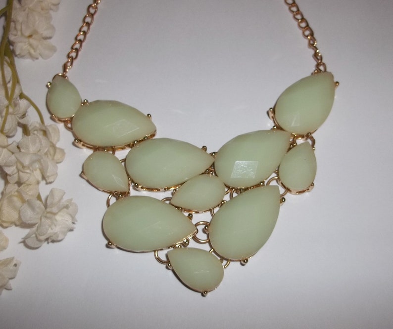 Vintage Necklace Statement Mint Green and Gold Bib Big Costume Jewelry Woman Prom Pageant Dressy Elegant Formal Wear Large Funky wvluckygirl
