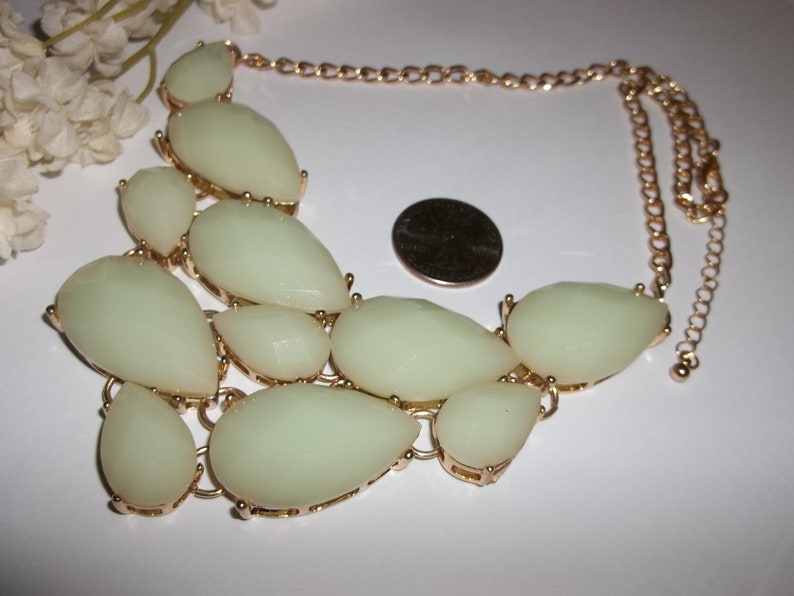 Vintage Necklace Statement Mint Green and Gold Bib Big Costume Jewelry Woman Prom Pageant Dressy Elegant Formal Wear Large Funky wvluckygirl