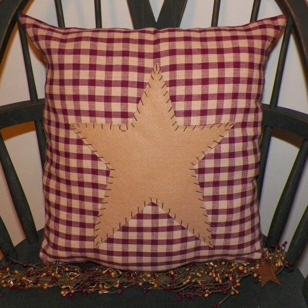 UNSTUFFED Primitive Pillow Cover Barn Star Prim Country Red Sofa Cushion Home Decor Decoration Stitchery Penny Rug Rustic 15 x 16 Plaid