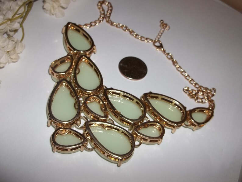 Vintage Necklace Statement Mint Green and Gold Bib Big Costume Jewelry Woman Prom Pageant Dressy Elegant Formal Wear Large Funky wvluckygirl