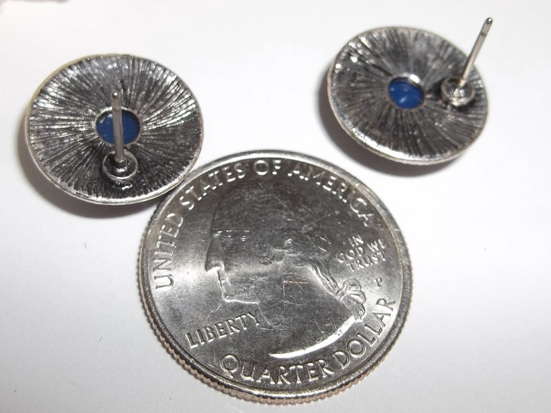 Vintage Costume Jewelry Earrings Silver and Blue Faux Lapis Woman Fashion Funky Circle Post Style Backs Pierced Retro Pair Set wvluckygirl