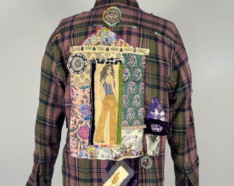 Upcycled Handcrafted and Embellished Coachella Festival Plaid Flannel Shirt - Brand: Chaps Petite XL